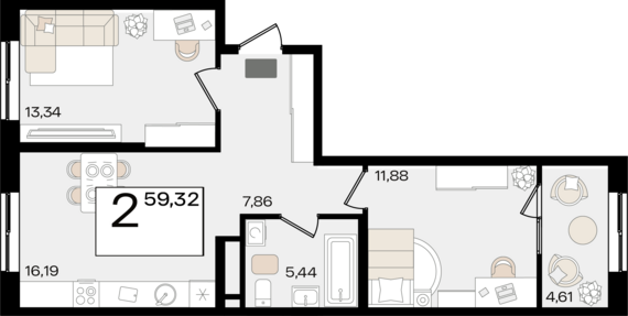 2-комнатная квартира №430 59,32 м2 от застройщика ГК ТОЧНО