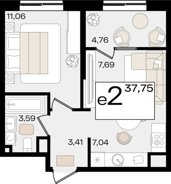 евро 2 к.кв. №437 35,42 м2 от застройщика ГК ТОЧНО