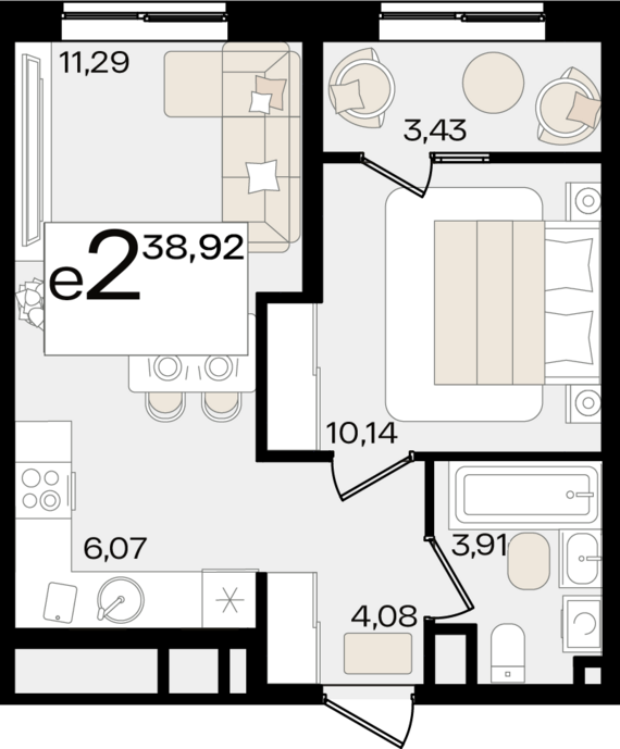 евро 2 к.кв. №461 38,92 м2 от застройщика ГК ТОЧНО