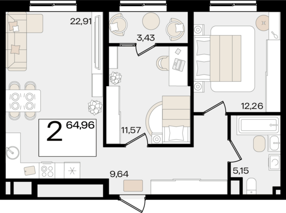 2-комнатная квартира №465 64,96 м2 от застройщика ГК ТОЧНО