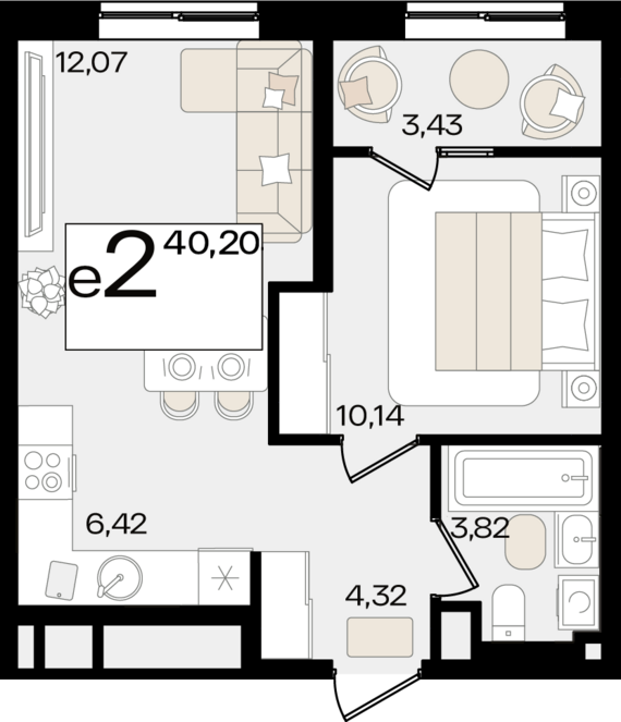 евро 2 к.кв. №512 40,2 м2 от застройщика ГК ТОЧНО