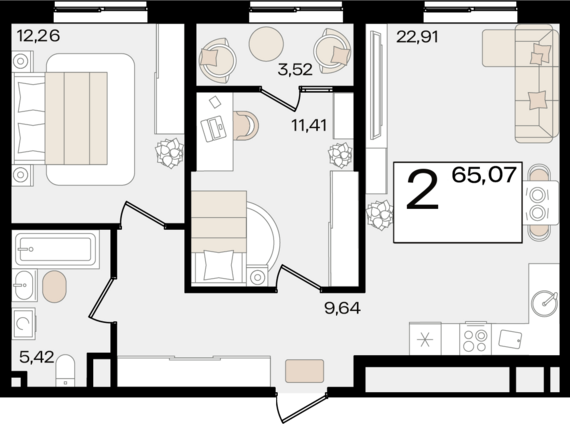 2-комнатная квартира №6 65,07 м2 от застройщика ГК ТОЧНО
