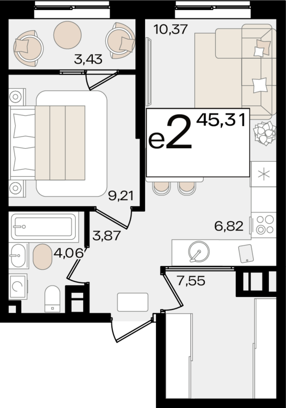 евро 2 к.кв. №91 45,31 м2 от застройщика ГК ТОЧНО