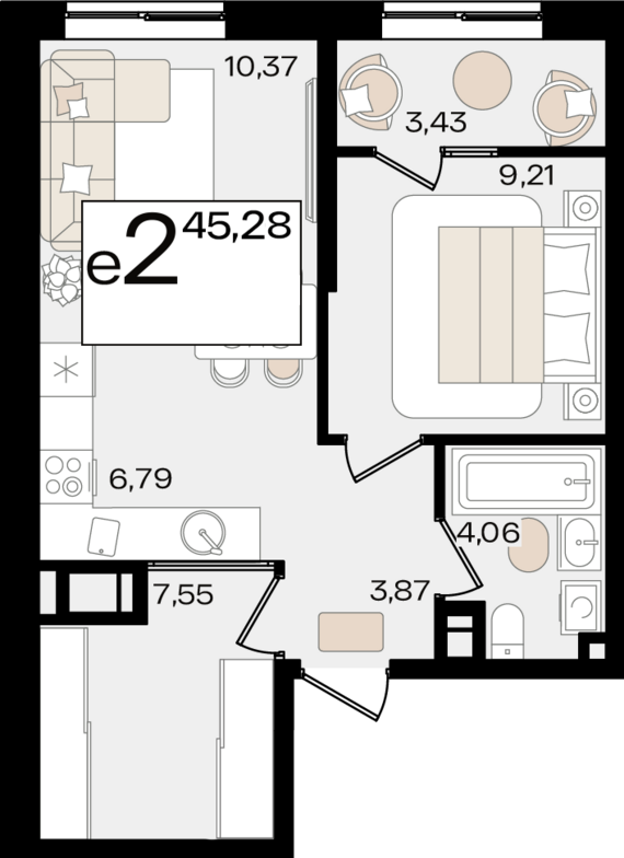 евро 2 к.кв. №98 45,28 м2 от застройщика ГК ТОЧНО