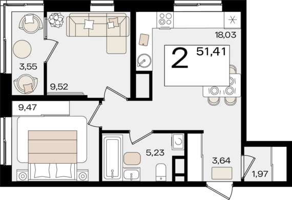 2-комнатная квартира №252 51,41 м2 от застройщика ГК ТОЧНО