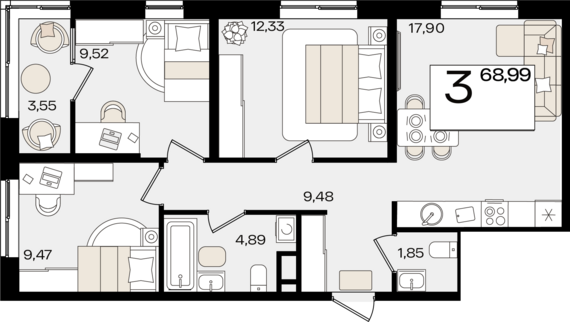 3-комнатная квартира №328 68,99 м2 от застройщика ГК ТОЧНО