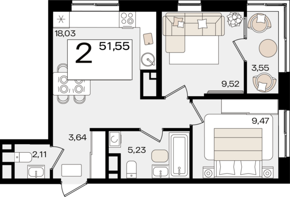 2-комнатная квартира №65 51,55 м2 от застройщика ГК ТОЧНО