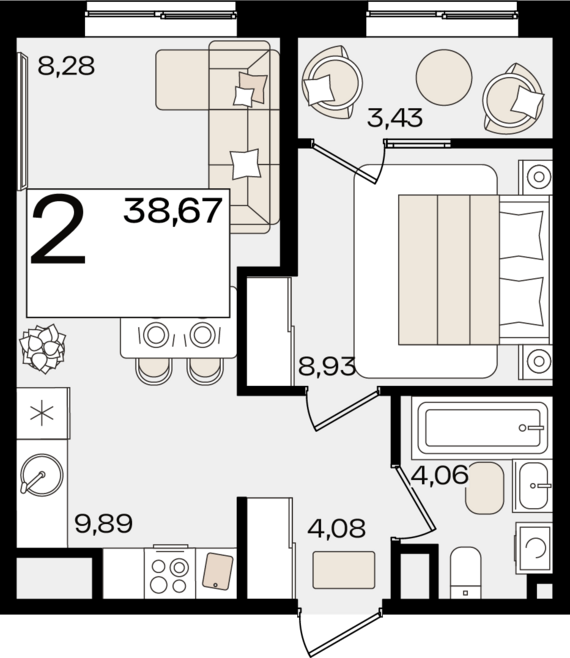 евро 2 к.кв. №71 38,67 м2 от застройщика ГК ТОЧНО
