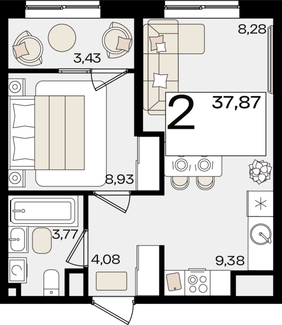 евро 2 к.кв. №118 37,87 м2 от застройщика ГК ТОЧНО