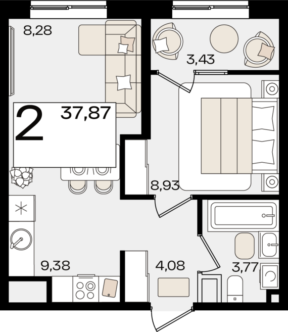 евро 2 к.кв. №119 37,87 м2 от застройщика ГК ТОЧНО