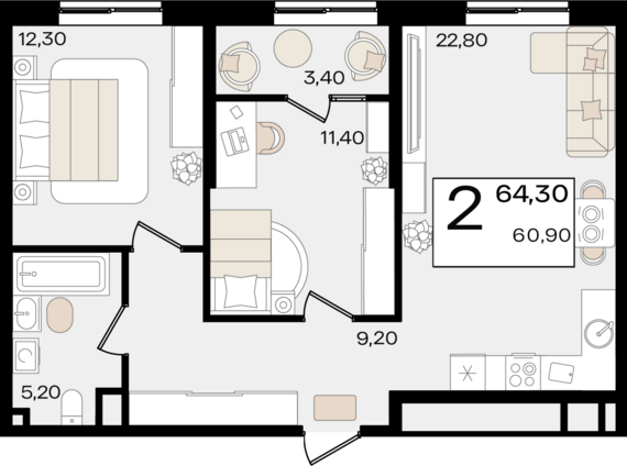 2-комнатная квартира №263 63,3 м2 от застройщика ГК ТОЧНО