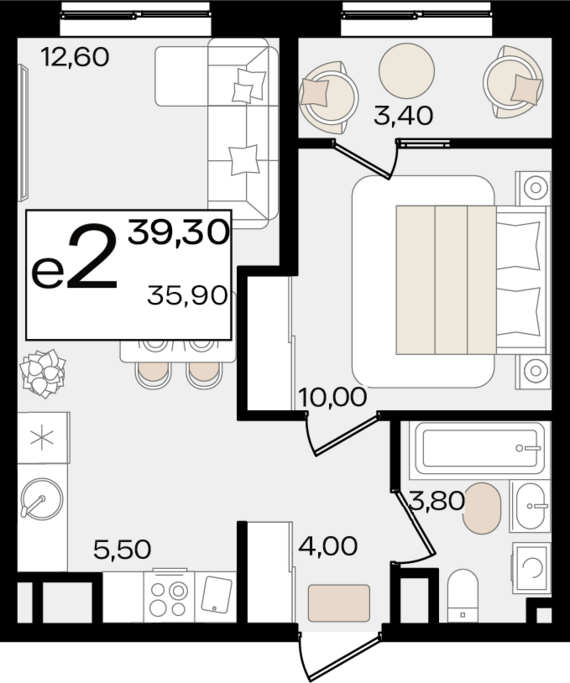 евро 2 к.кв. №184 38 м2 от застройщика ГК ТОЧНО