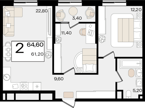 2-комнатная квартира №17 64,6 м2 от застройщика ГК ТОЧНО