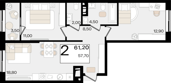 2-комнатная квартира №293 61,2 м2 от застройщика ГК ТОЧНО