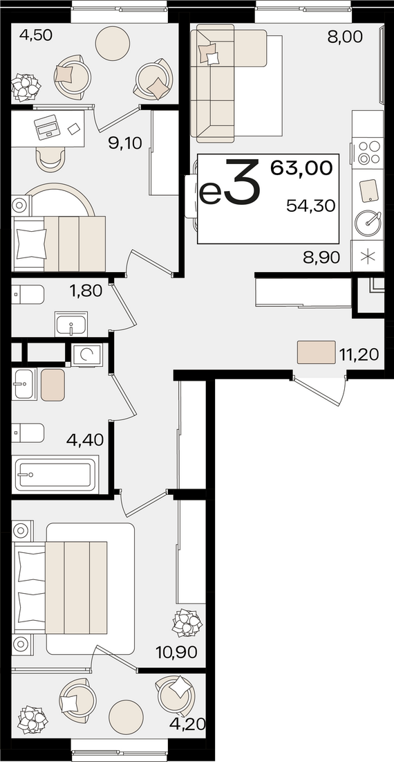 евро 3 к.кв. №448 58,7 м2 от застройщика ГК ТОЧНО