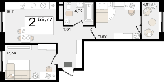2-комнатная квартира №1 58,77 м2 от застройщика ГК ТОЧНО