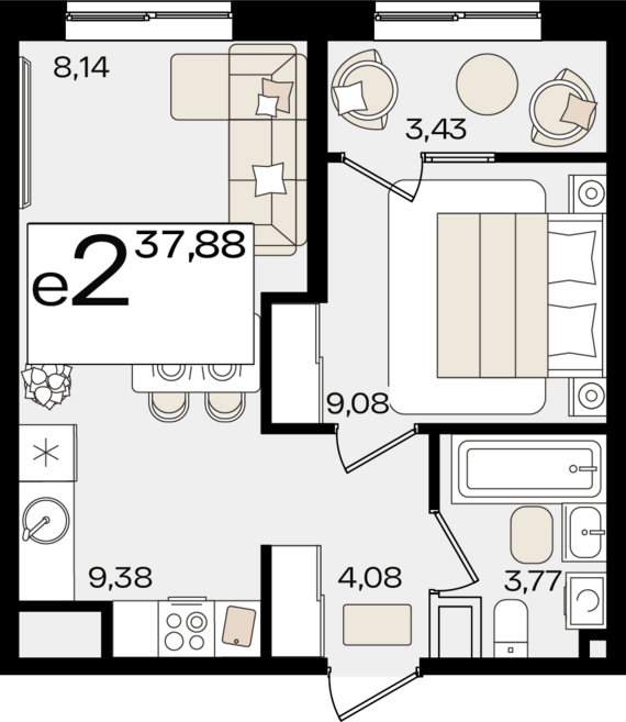 евро 2 к.кв. №167 37,88 м2 от застройщика ГК ТОЧНО