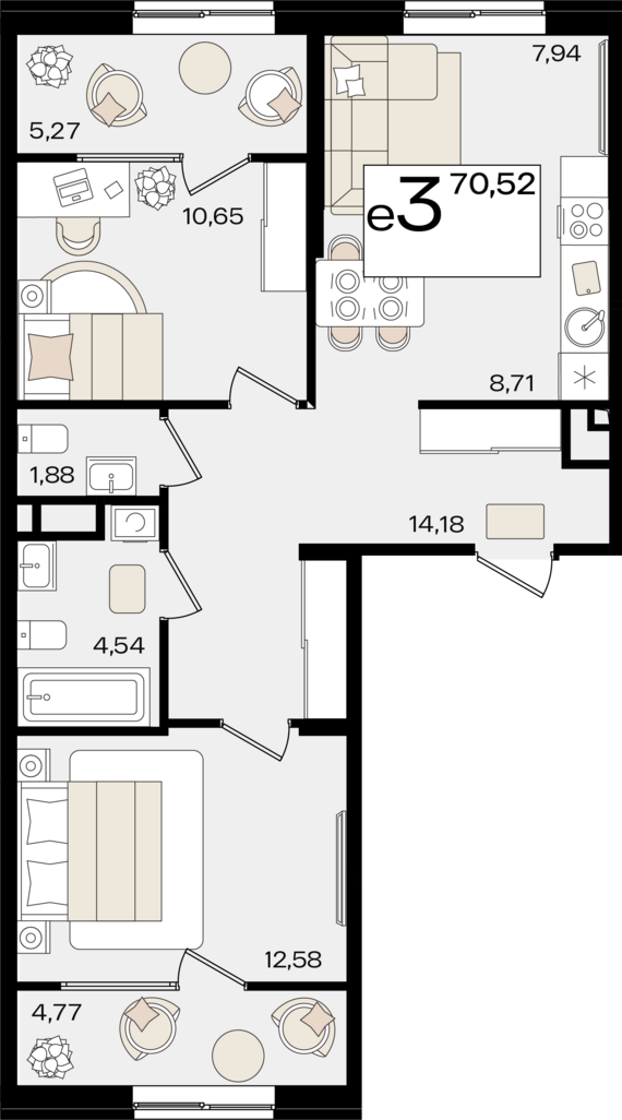 евро 3 к.кв. №13 70,52 м2 от застройщика ГК ТОЧНО