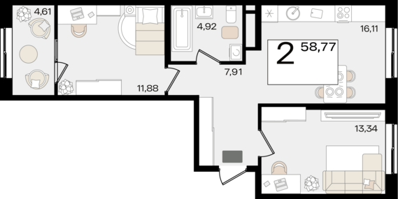 2-комнатная квартира №15 58,77 м2 от застройщика ГК ТОЧНО