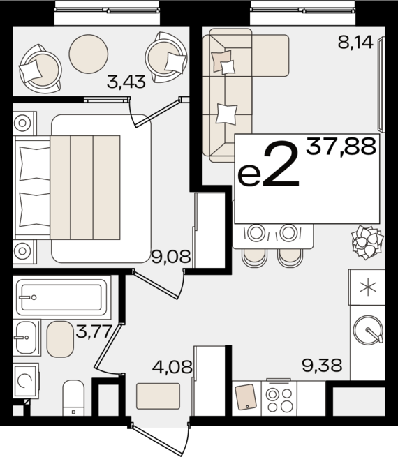евро 2 к.кв. №186 37,88 м2 от застройщика ГК ТОЧНО