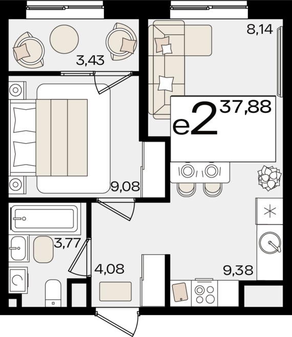 евро 2 к.кв. №294 37,88 м2 от застройщика ГК ТОЧНО