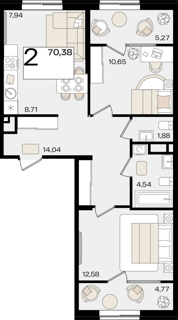 евро 3 к.кв. №3 70,38 м2 от застройщика ГК ТОЧНО