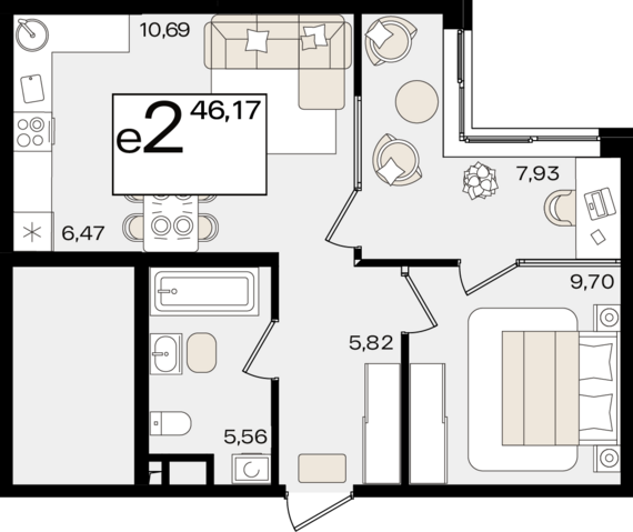 евро 2 к.кв. №31 46,17 м2 от застройщика ГК ТОЧНО