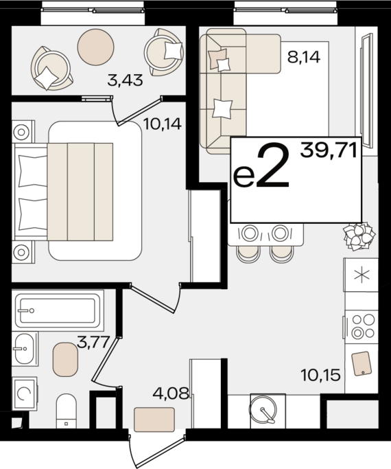 евро 2 к.кв. №35 39,71 м2 от застройщика ГК ТОЧНО