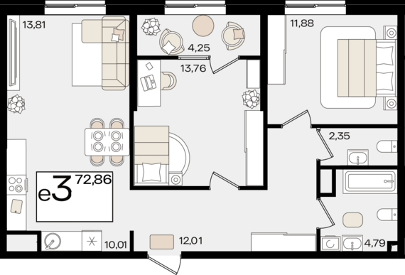 евро 3 к.кв. №46 72,86 м2 от застройщика ГК ТОЧНО