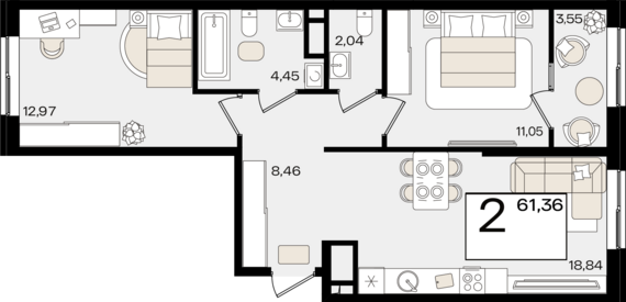 2-комнатная квартира №80 61,36 м2 от застройщика ГК ТОЧНО