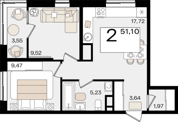 2-комнатная квартира №92 51,1 м2 от застройщика ГК ТОЧНО
