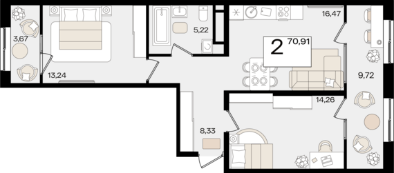 2-комнатная квартира №30 70,91 м2 от застройщика ГК ТОЧНО