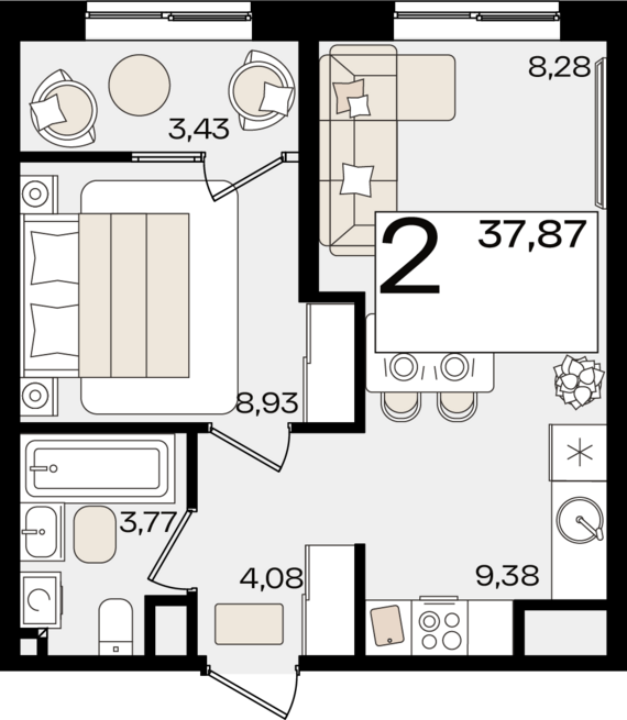 евро 2 к.кв. №100 37,87 м2 от застройщика ГК ТОЧНО