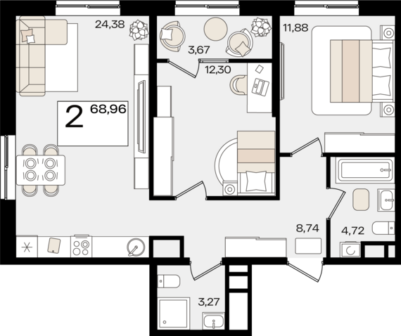 2-комнатная квартира №2 68,96 м2 от застройщика ГК ТОЧНО