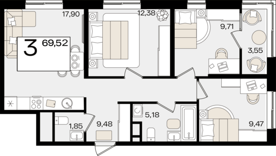 3-комнатная квартира №227 69,52 м2 от застройщика ГК ТОЧНО