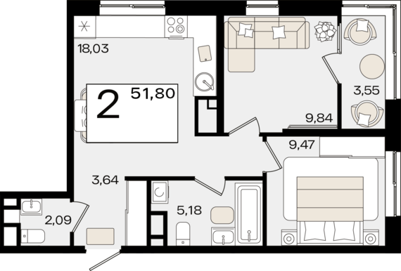 2-комнатная квартира №231 51,8 м2 от застройщика ГК ТОЧНО