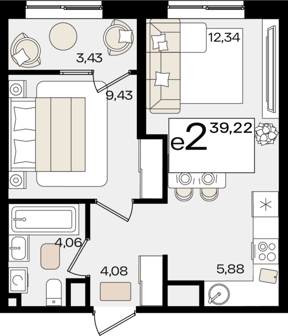 евро 2 к.кв. №4 39,22 м2 от застройщика ГК ТОЧНО