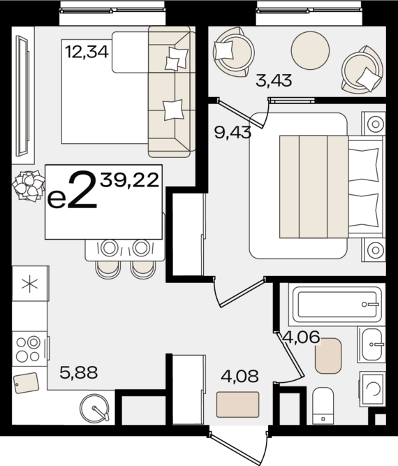 евро 2 к.кв. №47 39,22 м2 от застройщика ГК ТОЧНО