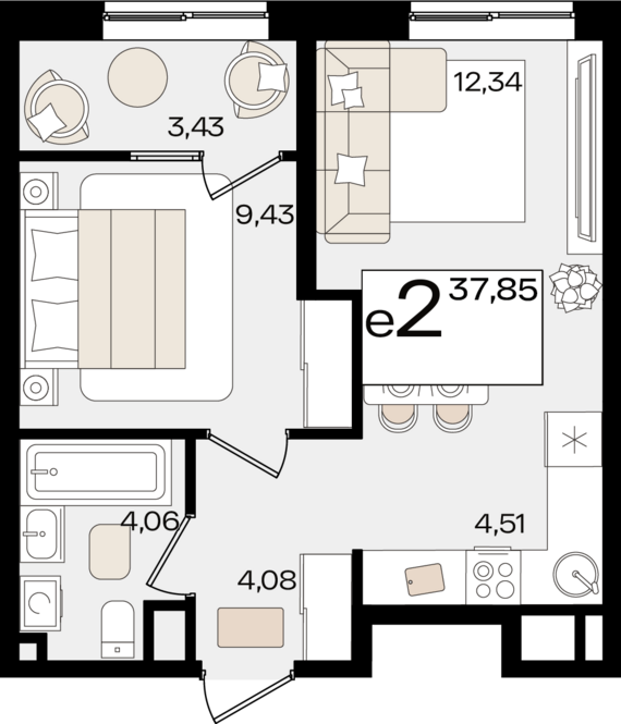 евро 2 к.кв. №48 37,85 м2 от застройщика ГК ТОЧНО
