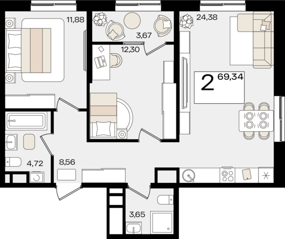 2-комнатная квартира №49 69,34 м2 от застройщика ГК ТОЧНО