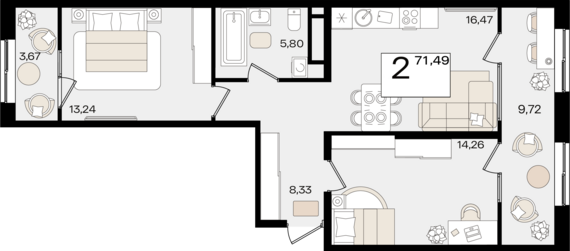 2-комнатная квартира №5 71,49 м2 от застройщика ГК ТОЧНО