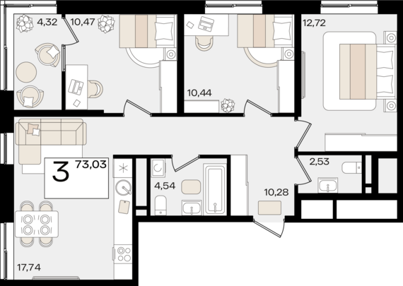 3-комнатная квартира №50 73,03 м2 от застройщика ГК ТОЧНО