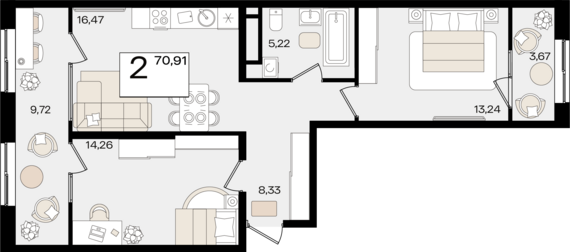 2-комнатная квартира №76 70,91 м2 от застройщика ГК ТОЧНО
