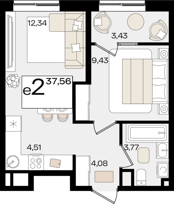 евро 2 к.кв. №43 37,56 м2 от застройщика ГК ТОЧНО