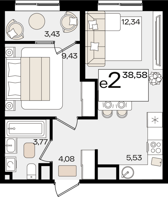евро 2 к.кв. №9 38,58 м2 от застройщика ГК ТОЧНО