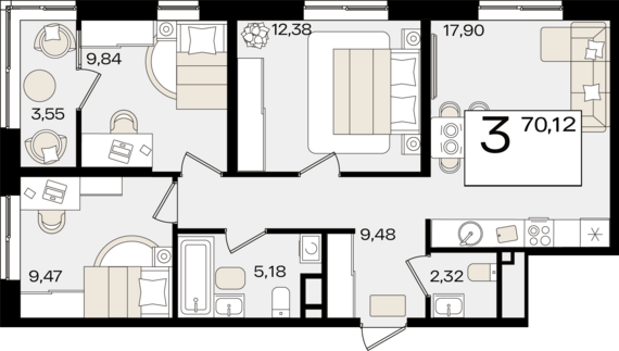 3-комнатная квартира №94 70,12 м2 от застройщика ГК ТОЧНО