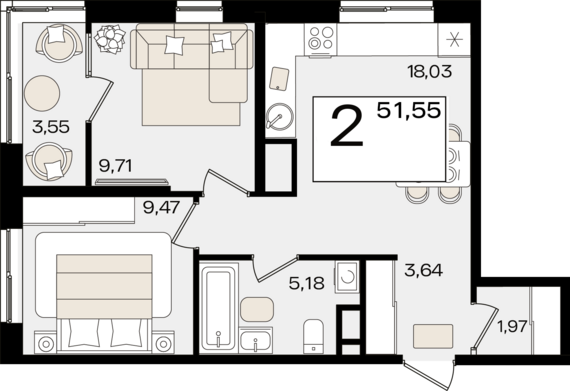 2-комнатная квартира №98 51,55 м2 от застройщика ГК ТОЧНО