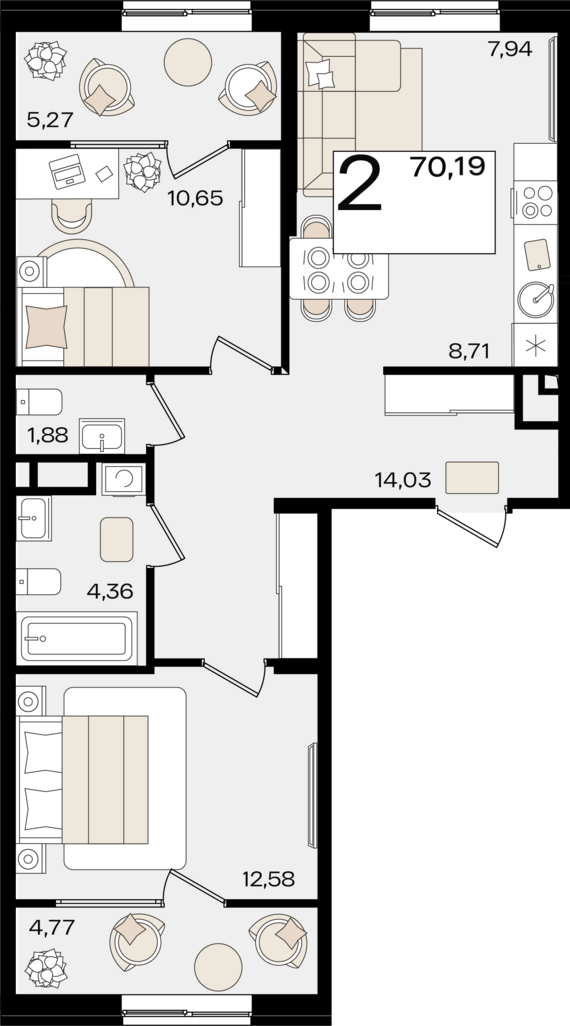евро 3 к.кв. №19 70,19 м2 от застройщика ГК ТОЧНО