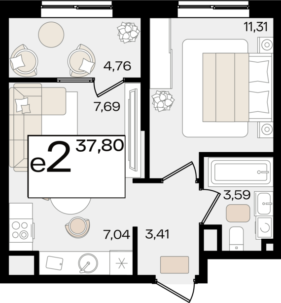 евро 2 к.кв. №440 37,8 м2 от застройщика ГК ТОЧНО