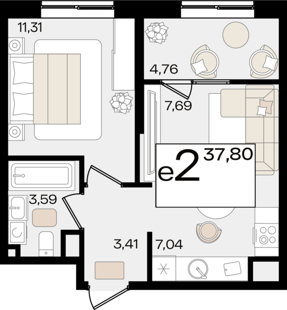 евро 2 к.кв. №453 37,8 м2 от застройщика ГК ТОЧНО